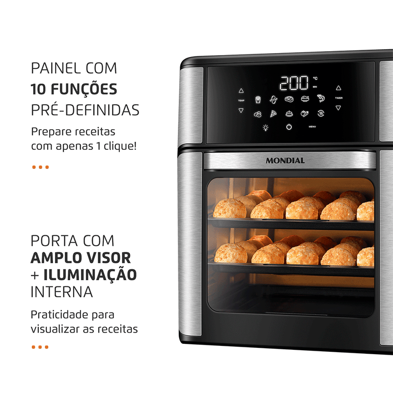 Fritadeira Elétrica Mondial Forno Oven sem Óleo 12L, com Timer - AFO-12L-BI, Preto / Inox 220VA