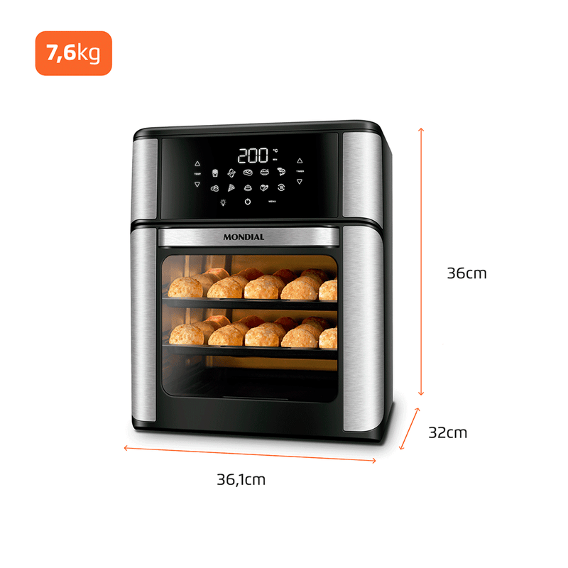 Fritadeira Elétrica Mondial Forno Oven sem Óleo 12L, com Timer - AFO-12L-BI, Preto / Inox 220VA