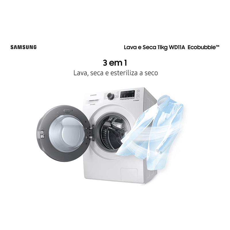 Lava e Seca Samsung 11kg WD11A Ecobubble, WD11A4453BW, Motor Inverter, Branca 220V