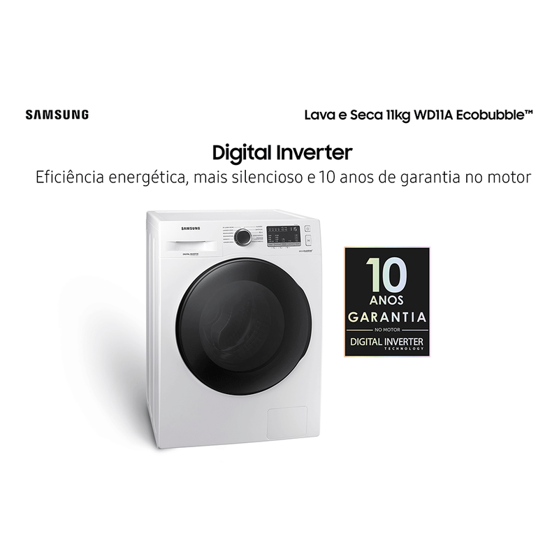 Lava e Seca Samsung 11kg WD11A Ecobubble, WD11A4453BW, Motor Inverter, Branca 220V