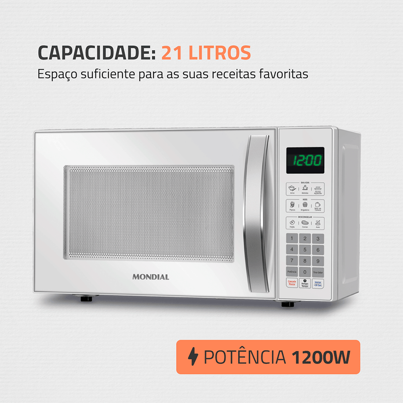 Micro-Ondas Mondial 21L, 1.200W Branco - 220V