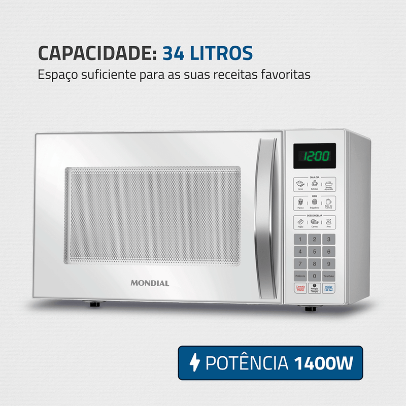 Micro-ondas Mondial 34L, 1.400W- MO-02-34-W, Branco 220V