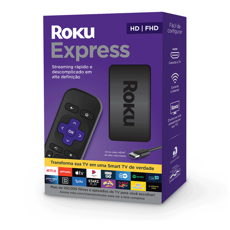 Roku Express, Streaming player Full HD, com controle remoto e cabo HDMI Preto